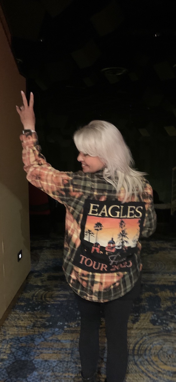 Customer wearing Eagles flannel